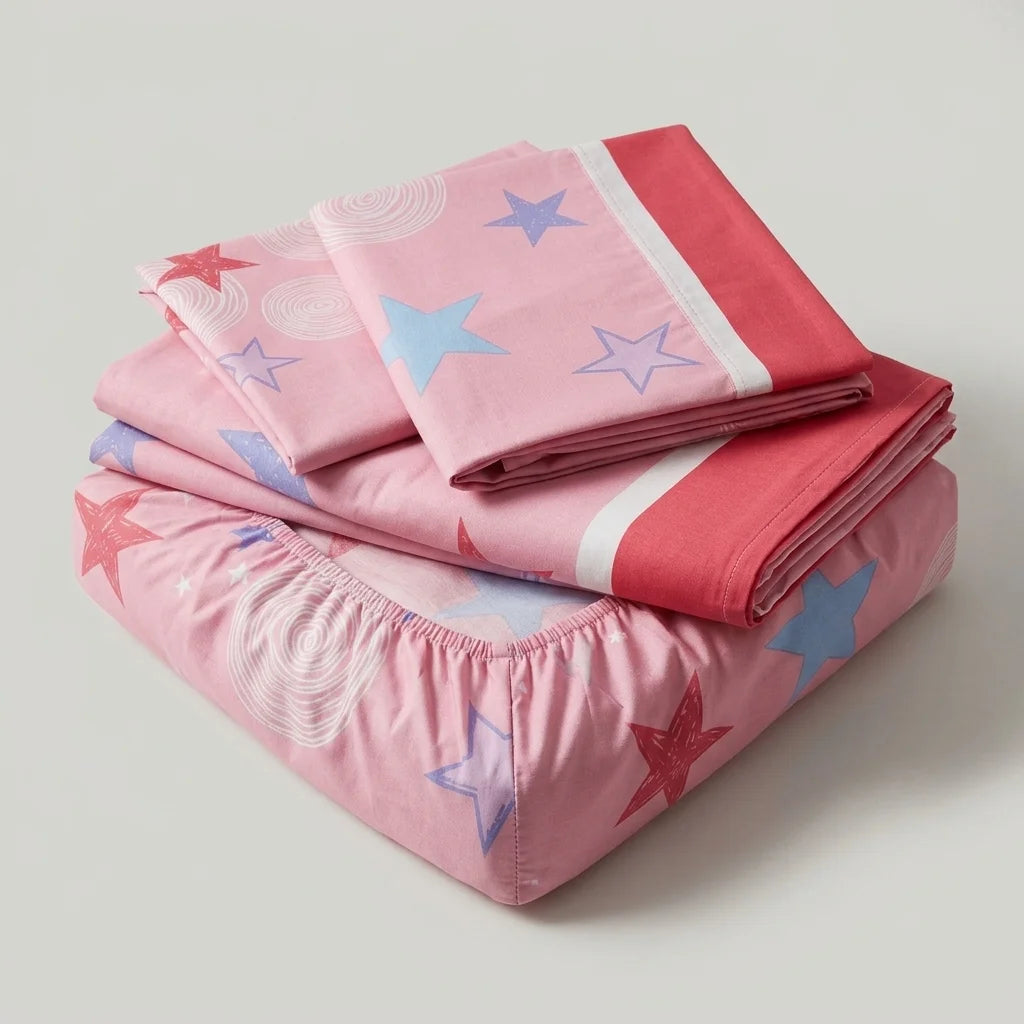 Juego De Sábanas Con Cortinas Fondo Rosa Patrón Estrellas Ultra Suave
