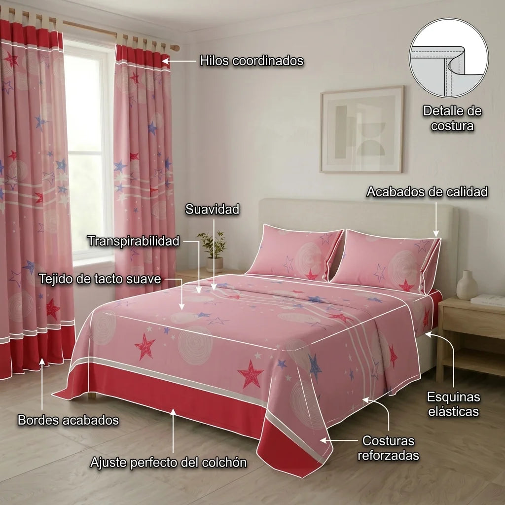 Juego De Sábanas Con Cortinas Fondo Rosa Patrón Estrellas Ultra Suave