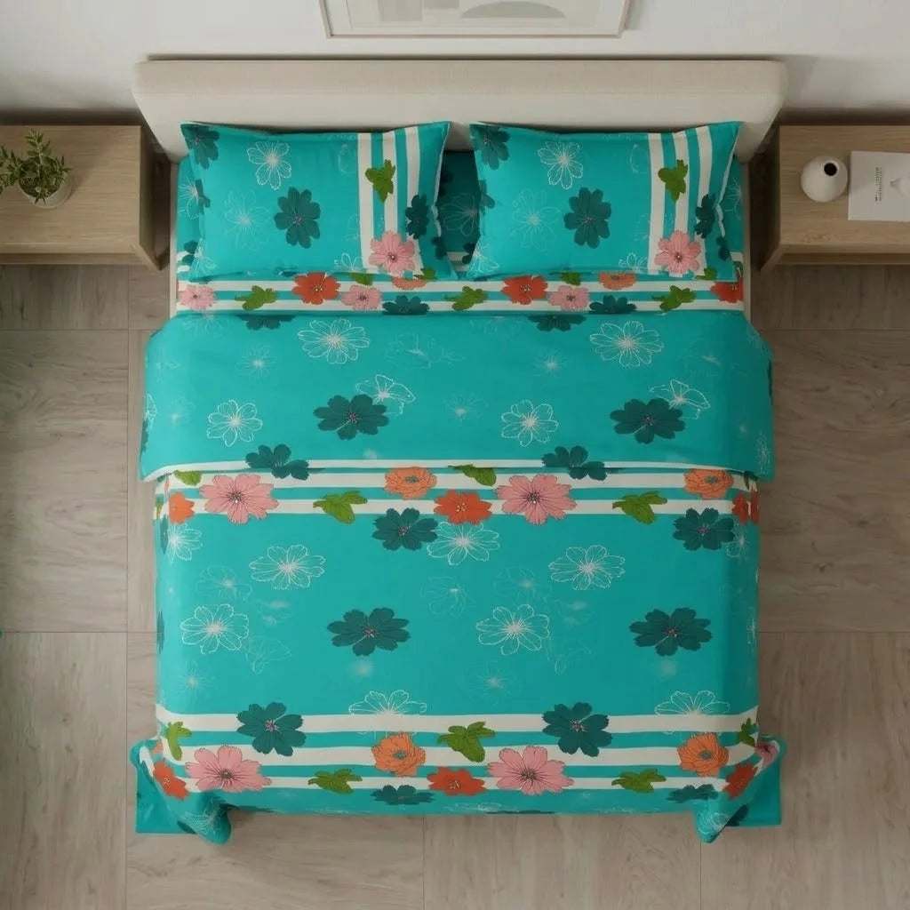 Juego De Sábanas Con Cortinas Flores En Fondo Aguamarina Ultra Suave