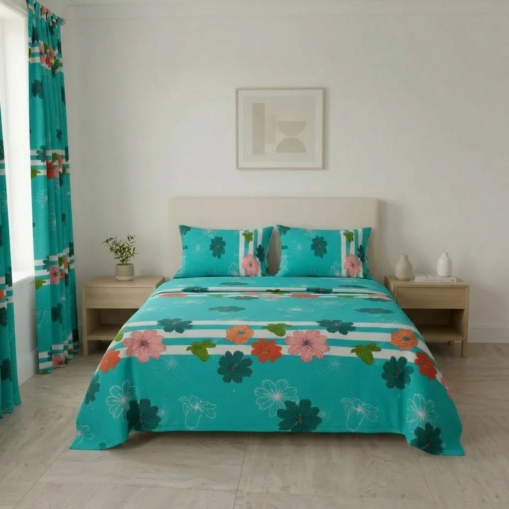 Juego De Sábanas Con Cortinas Flores En Fondo Aguamarina Ultra Suave