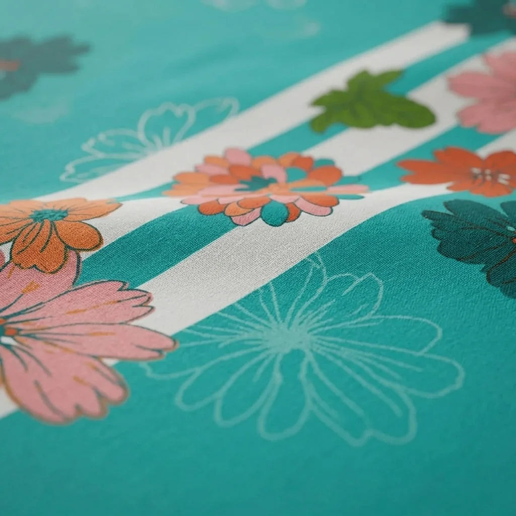 Juego De Sábanas Con Cortinas Flores En Fondo Aguamarina Ultra Suave