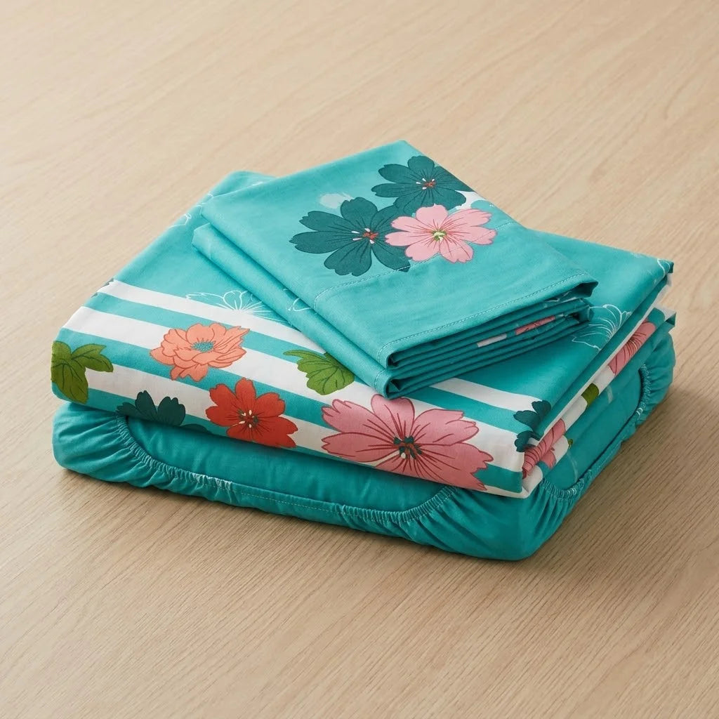 Juego De Sábanas Con Cortinas Flores En Fondo Aguamarina Ultra Suave