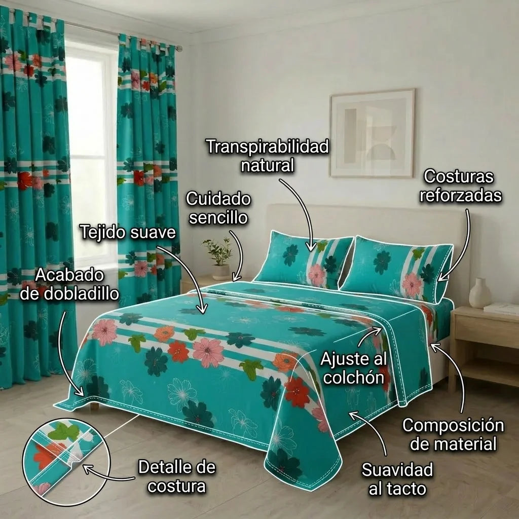 Juego De Sábanas Con Cortinas Flores En Fondo Aguamarina Ultra Suave