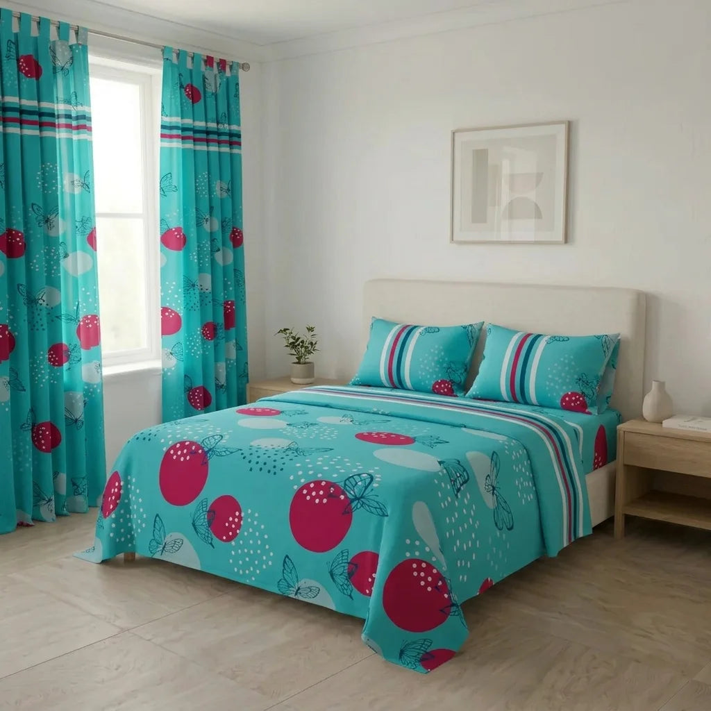 Juego De Sábanas Con Cortinas  Aguamarina Mariposas Ultra Suave