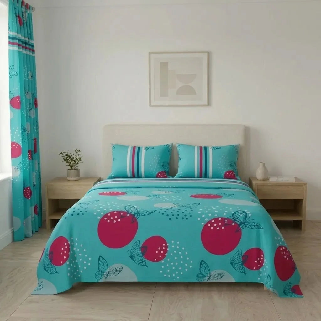 Juego De Sábanas Con Cortinas  Aguamarina Mariposas Ultra Suave