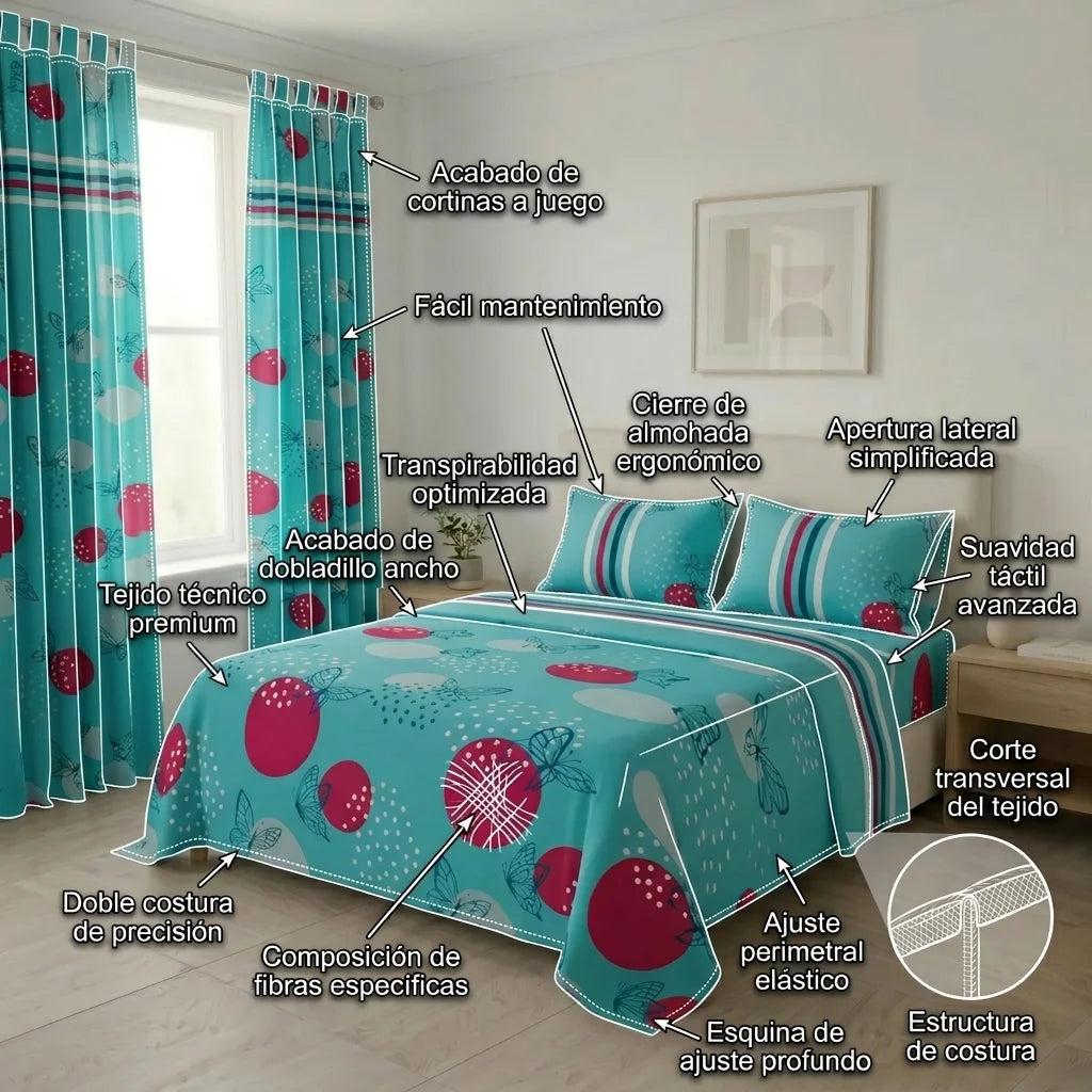 Juego De Sábanas Con Cortinas  Aguamarina Mariposas Ultra Suave