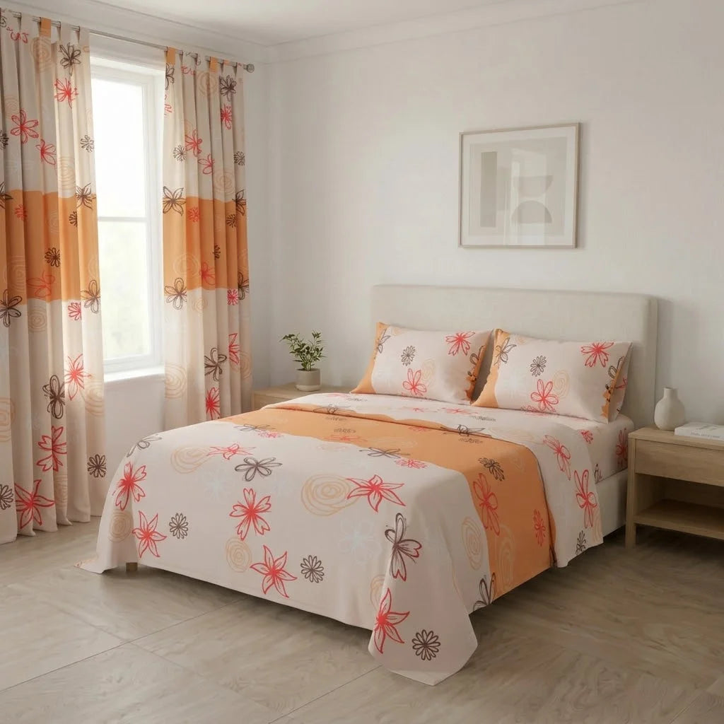 Juego De Sábanas Con Cortinas Naranja Patrón Flores Ultra Suave
