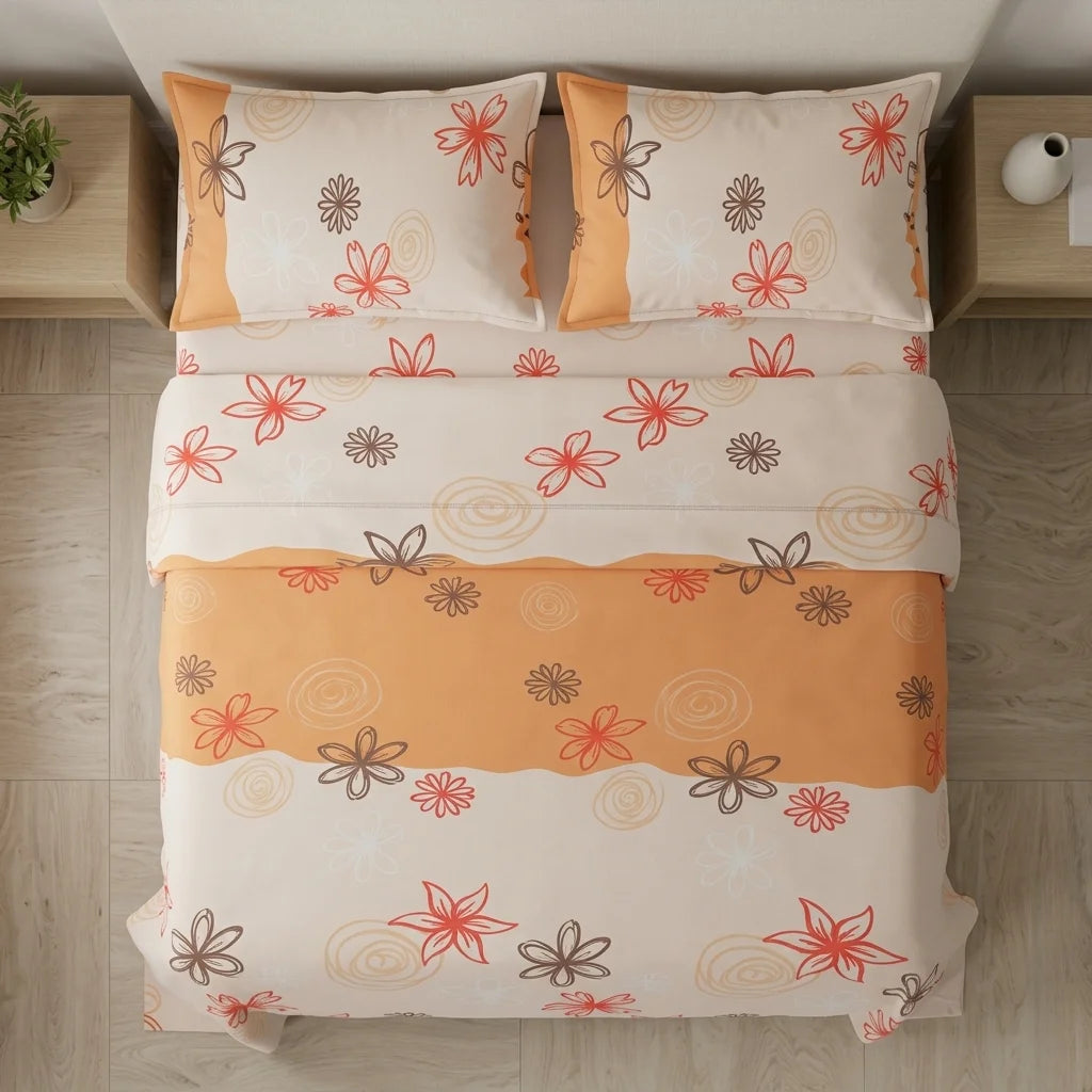 Juego De Sábanas Con Cortinas Naranja Patrón Flores Ultra Suave