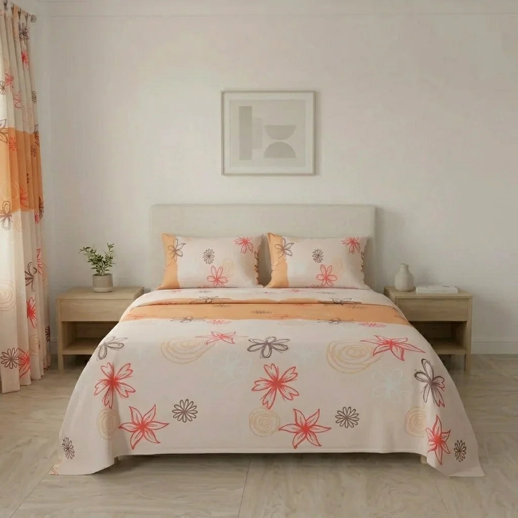 Juego De Sábanas Con Cortinas Naranja Patrón Flores Ultra Suave
