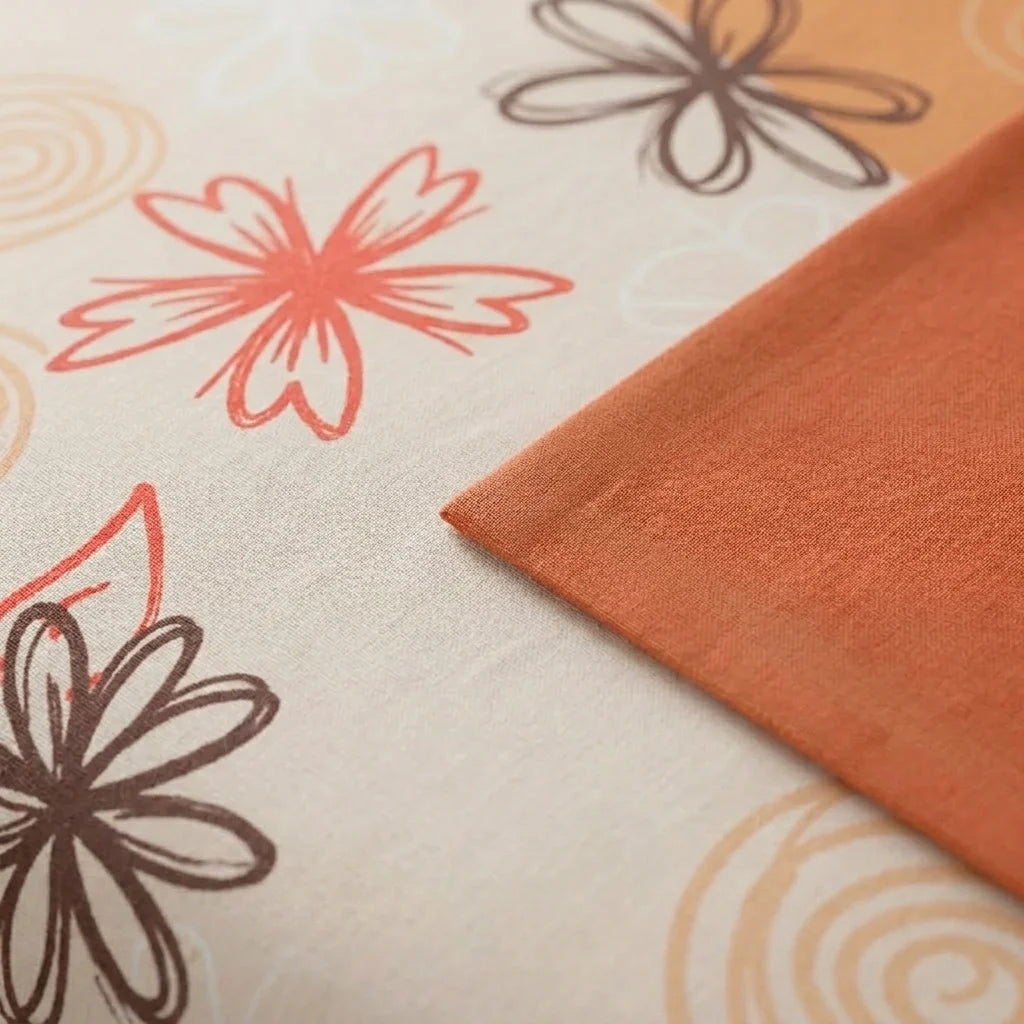 Juego De Sábanas Con Cortinas Naranja Patrón Flores Ultra Suave