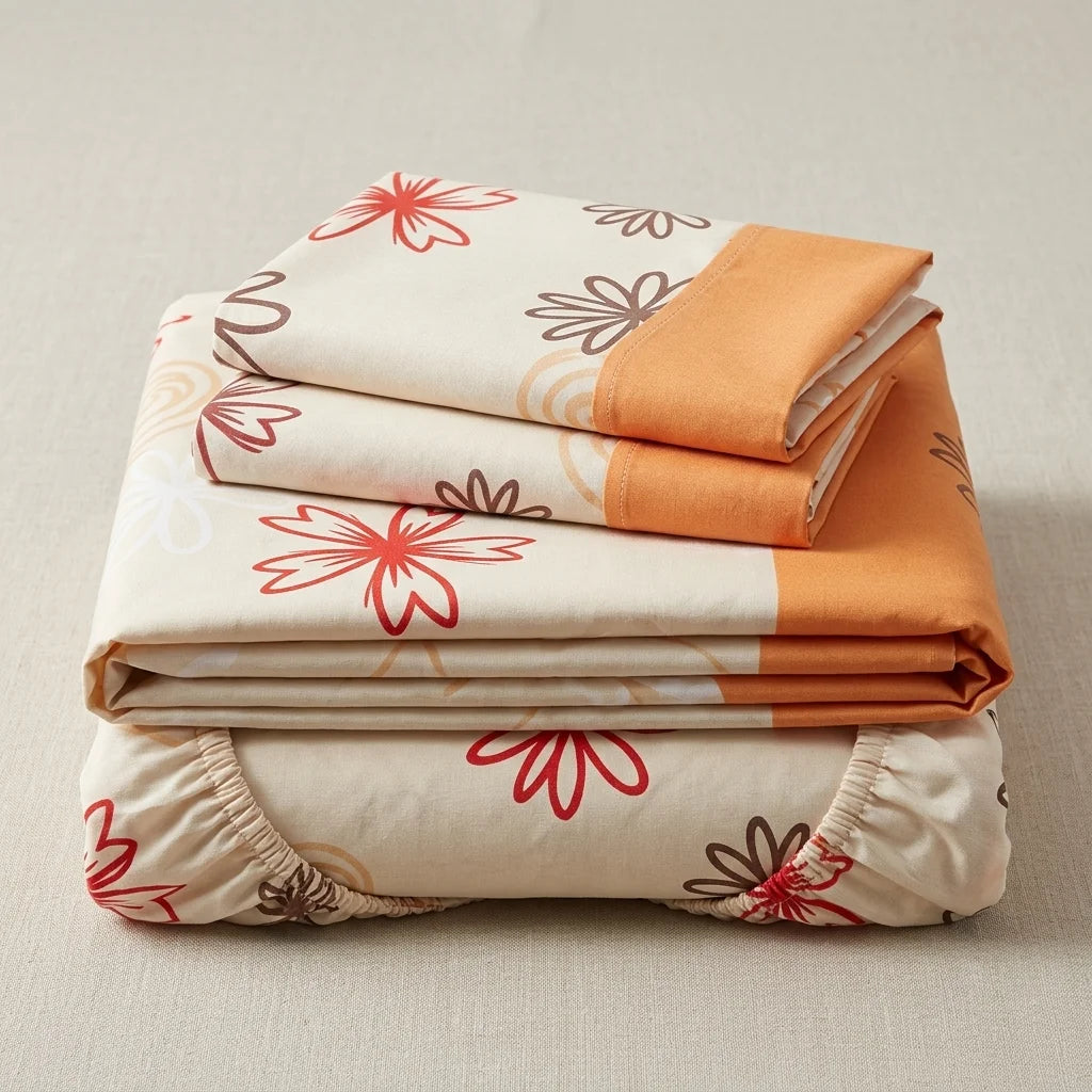 Juego De Sábanas Con Cortinas Naranja Patrón Flores Ultra Suave