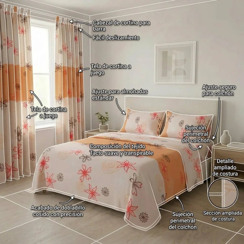 Juego De Sábanas Con Cortinas Naranja Patrón Flores Ultra Suave