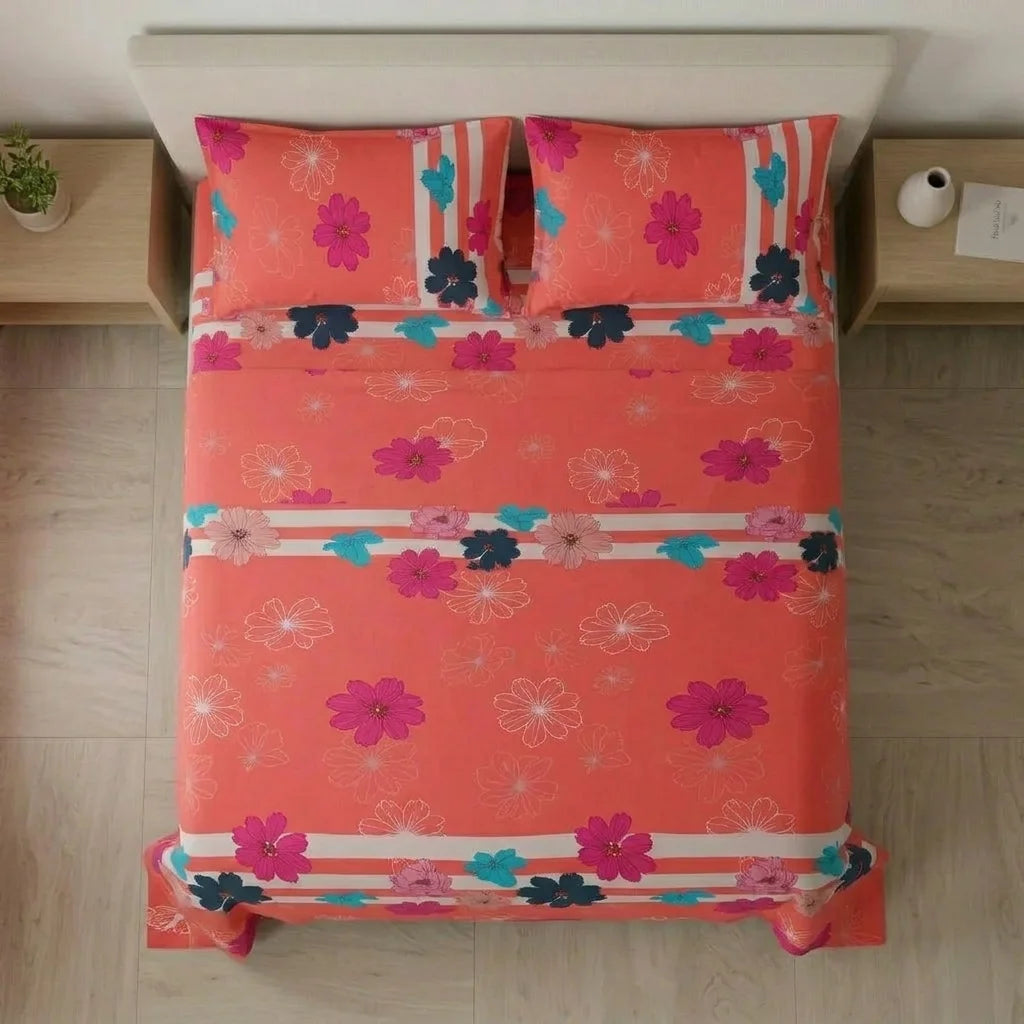 Juego De Sábanas Con Cortinas Salmón Patrón Flores Ultra Suave