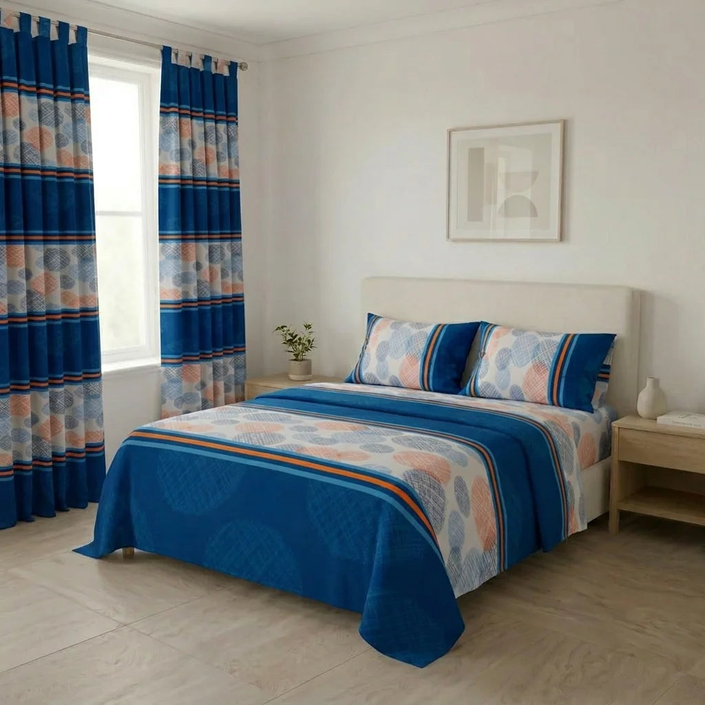 Juego De Sábanas Con Cortinas Azul Patrón Círculos En Rayas Ultra Suave
