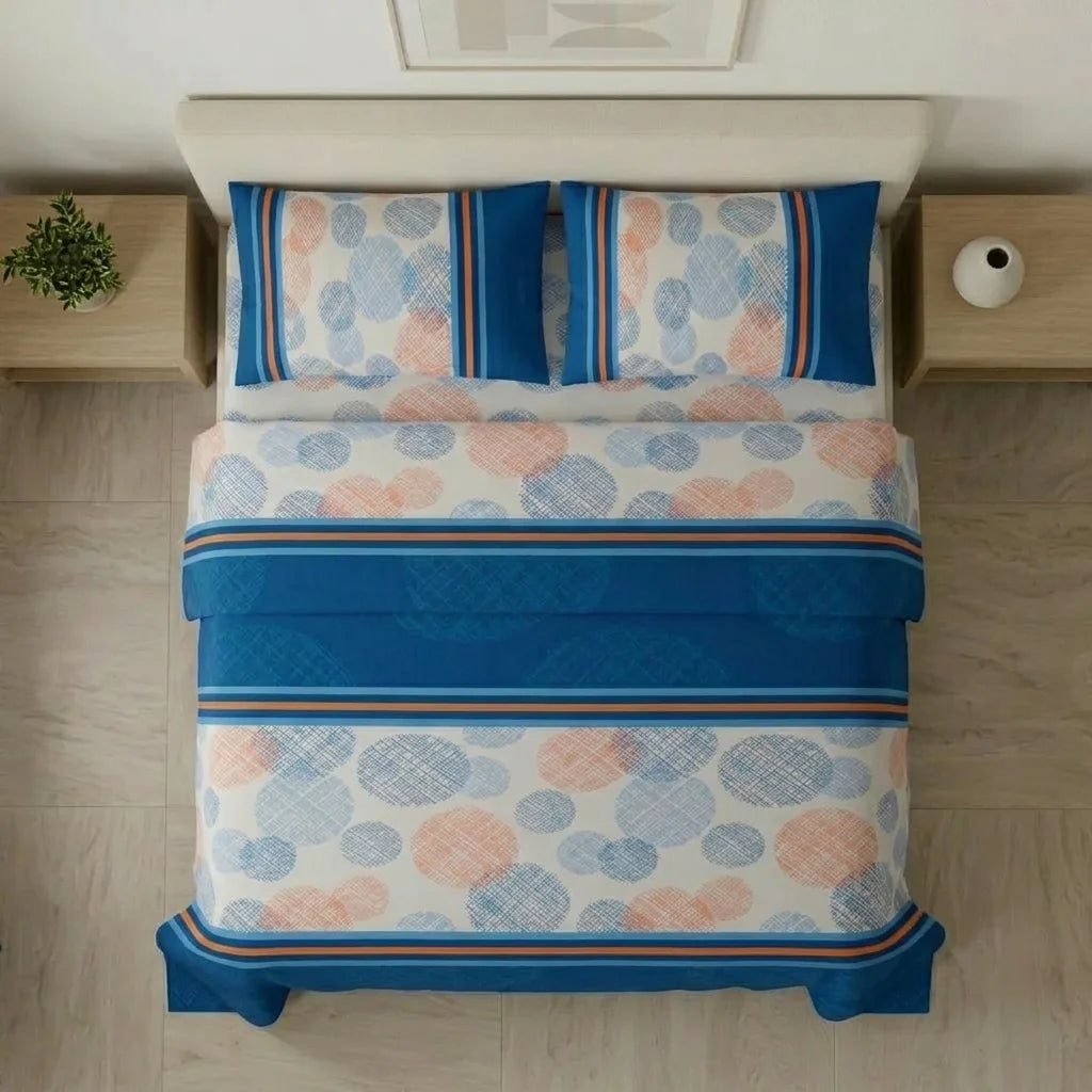 Juego De Sábanas Con Cortinas Azul Patrón Círculos En Rayas Ultra Suave