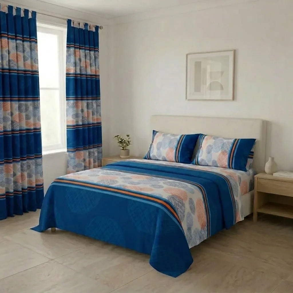 Juego De Sábanas Con Cortinas Azul Patrón Círculos En Rayas Ultra Suave
