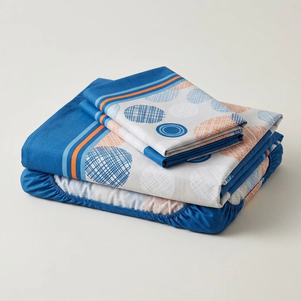 Juego De Sábanas Con Cortinas Azul Patrón Círculos En Rayas Ultra Suave