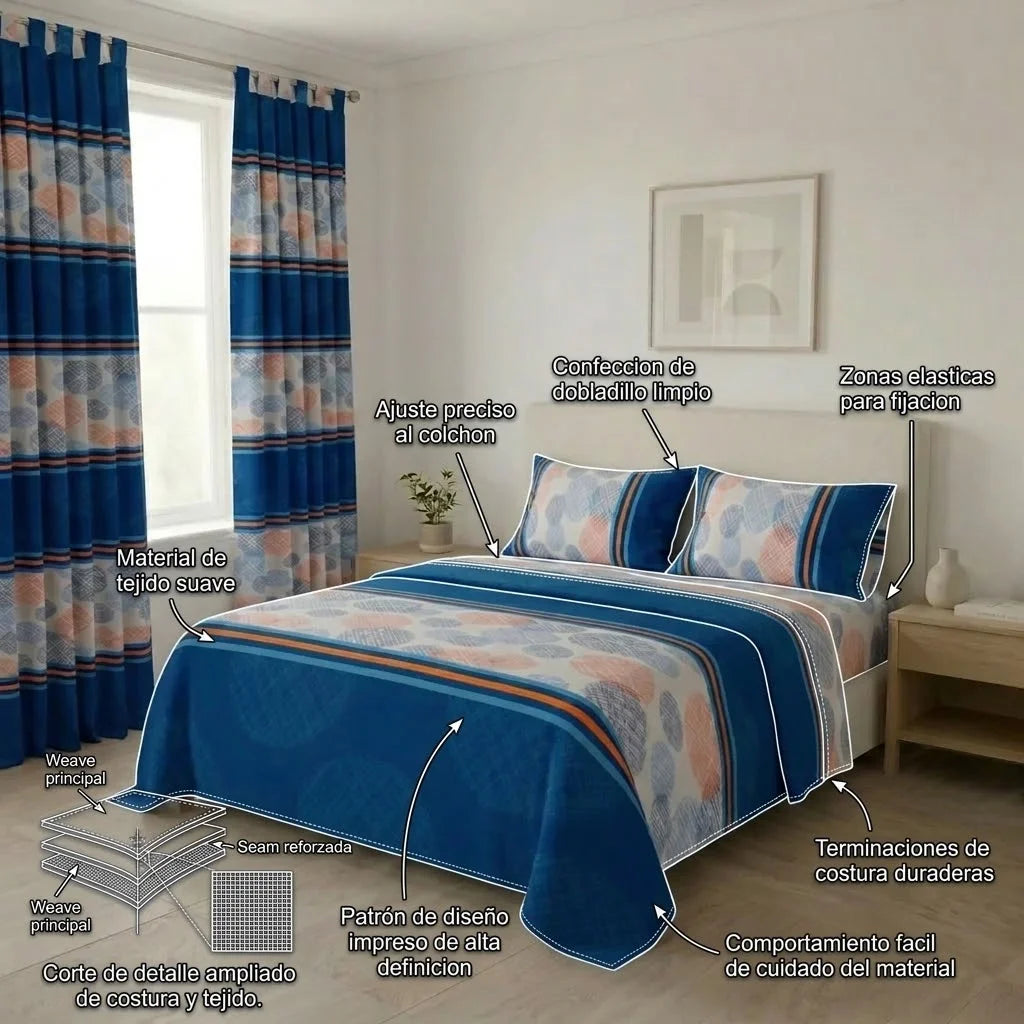 Juego De Sábanas Con Cortinas Azul Patrón Círculos En Rayas Ultra Suave