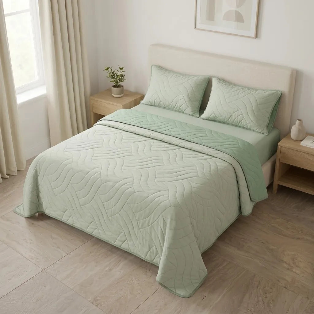 Cubrelecho Doble Faz Termosellado Básico Verde Y Beige De Lujo