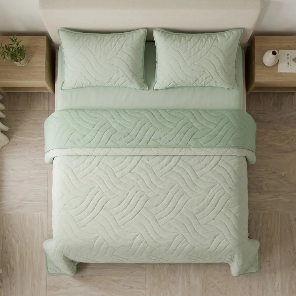 Cubrelecho Doble Faz Termosellado Básico Verde Y Beige De Lujo