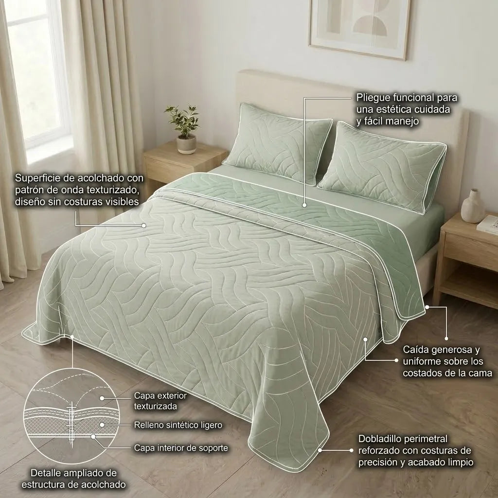 Cubrelecho Doble Faz Termosellado Básico Verde Y Beige De Lujo