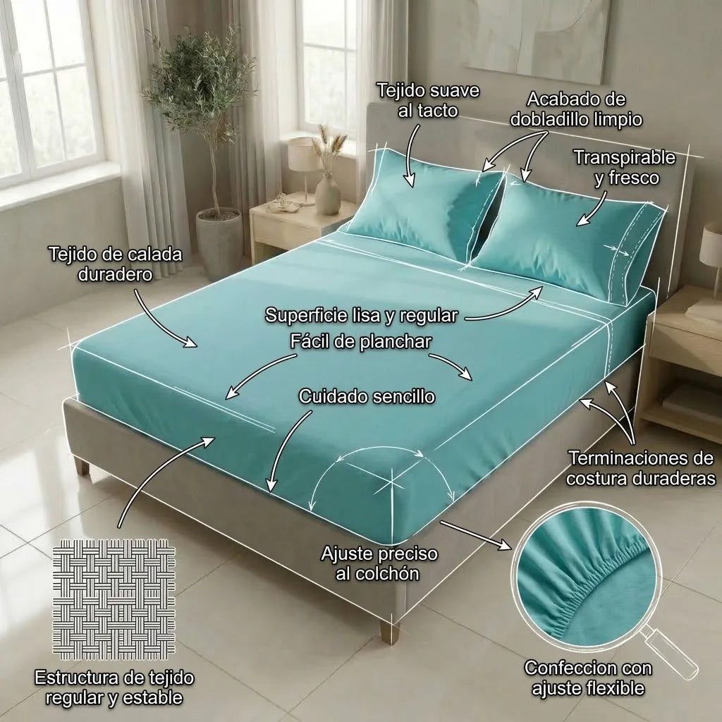 Sábana Ajustable Unicolor Microfibra Suavizada Azul Confortable