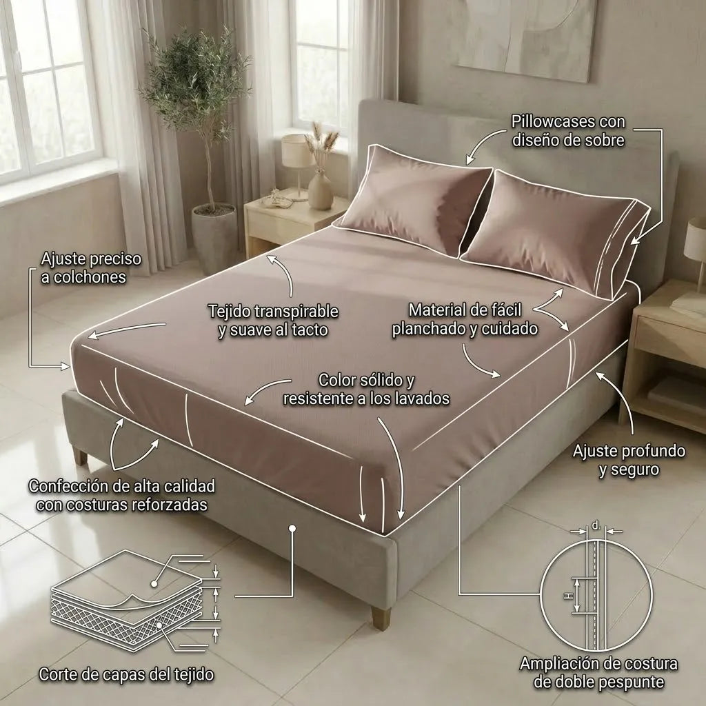 Sábana Ajustable Unicolor Microfibra Suavizada Beige Confortable
