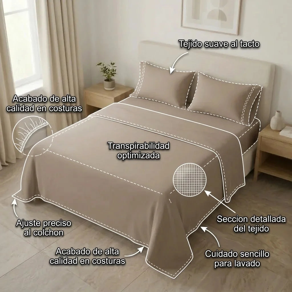 Juego De Sabanas 4 Fundas Linea My House Crema Suavizada