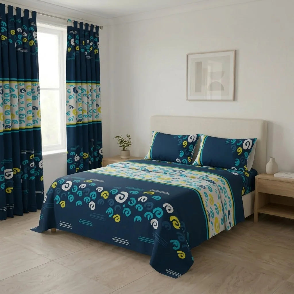 Juego De Sábanas Con Cortinas Vórtice Creativo Azul