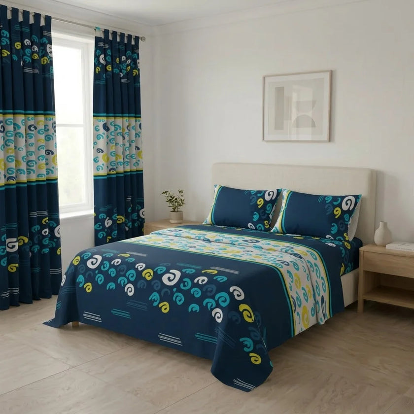 Juego De Sábanas Con Cortinas Vórtice Creativo Azul