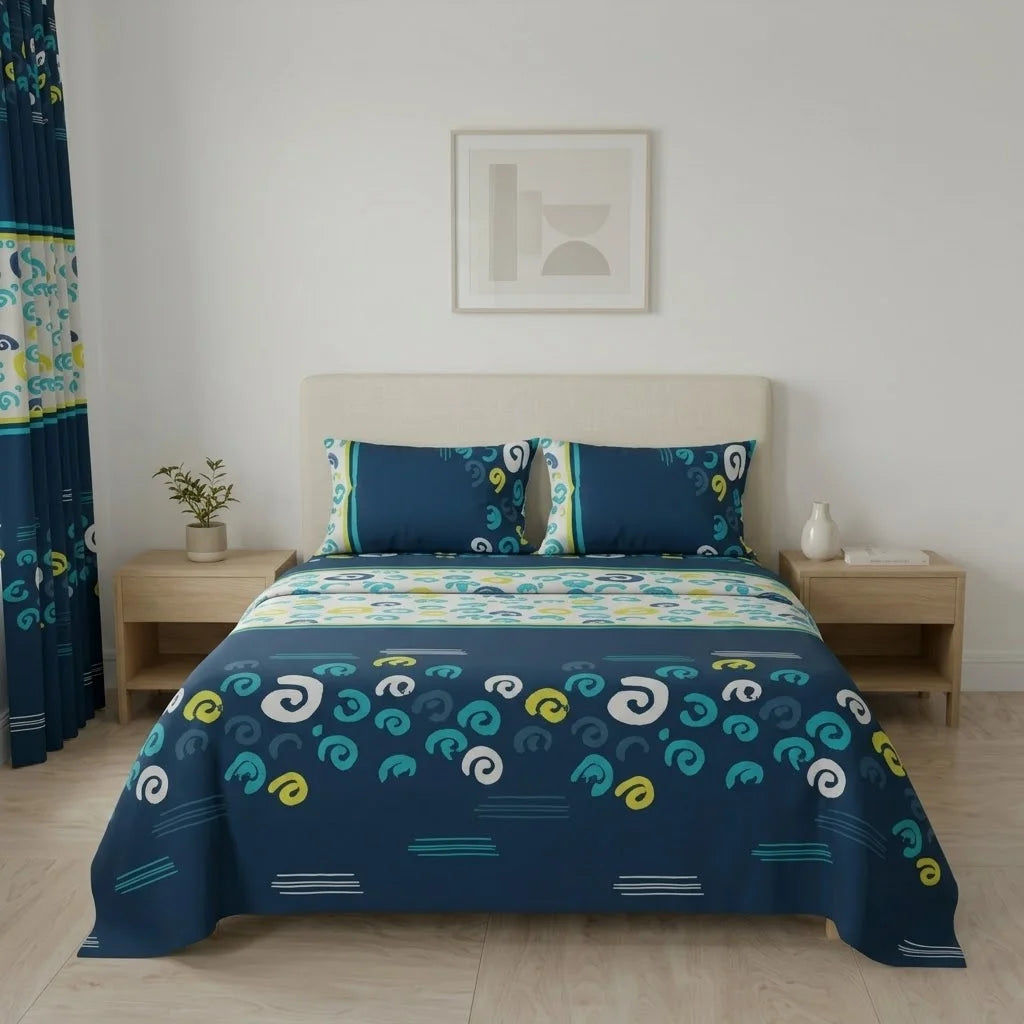Juego De Sábanas Con Cortinas Vórtice Creativo Azul