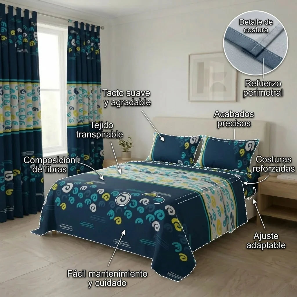Juego De Sábanas Con Cortinas Vórtice Creativo Azul