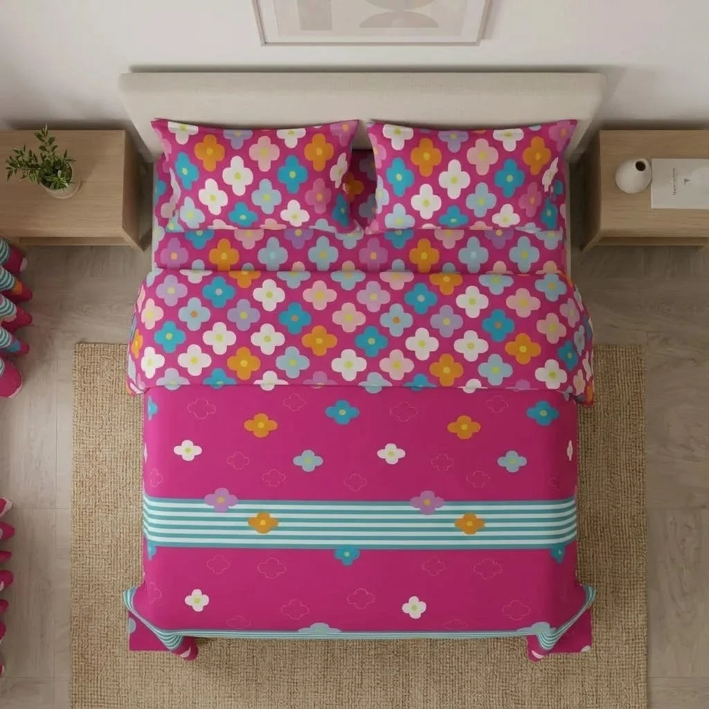 Juego De Sábanas Con Cortinas Fiesta Floral Fucsia