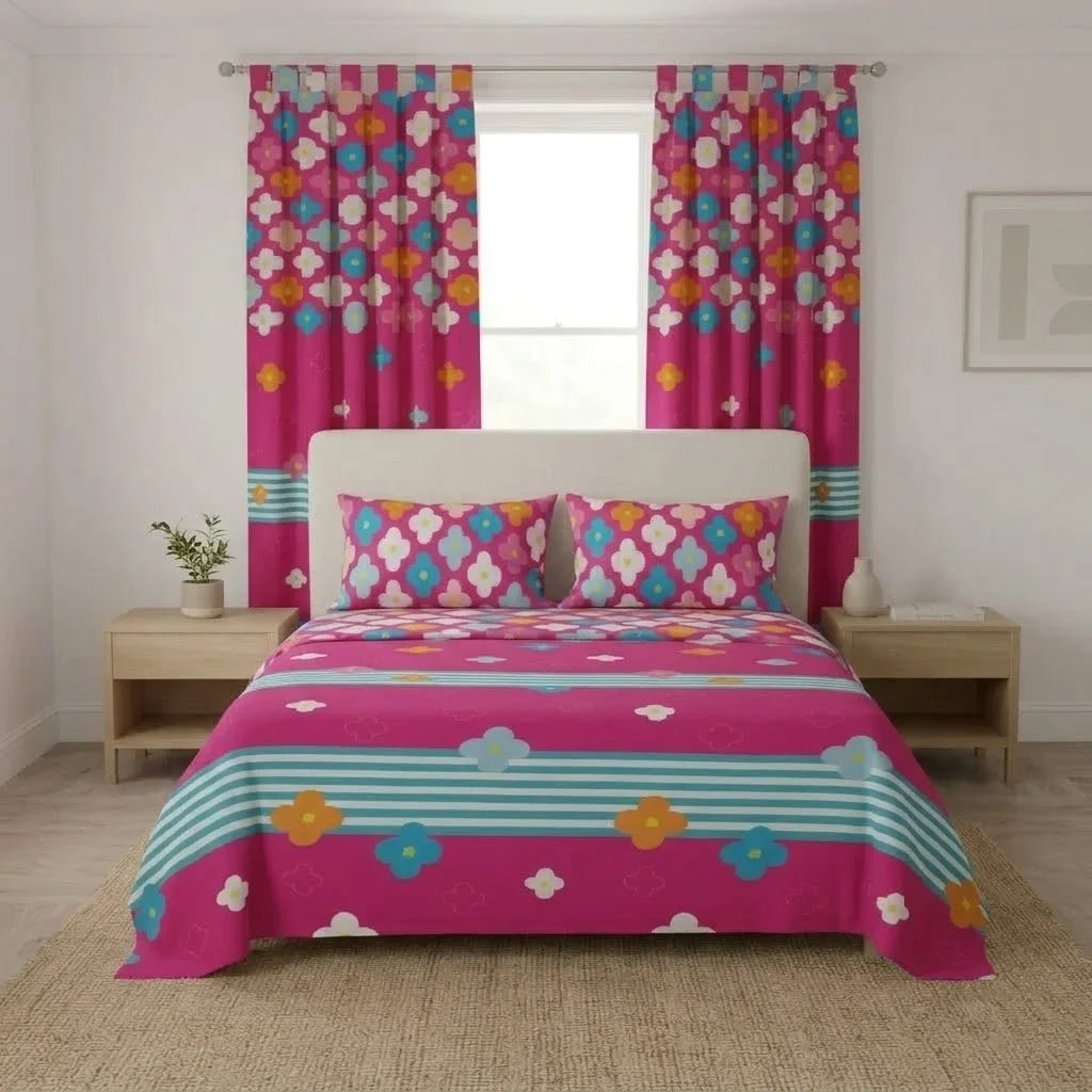 Juego De Sábanas Con Cortinas Fiesta Floral Fucsia