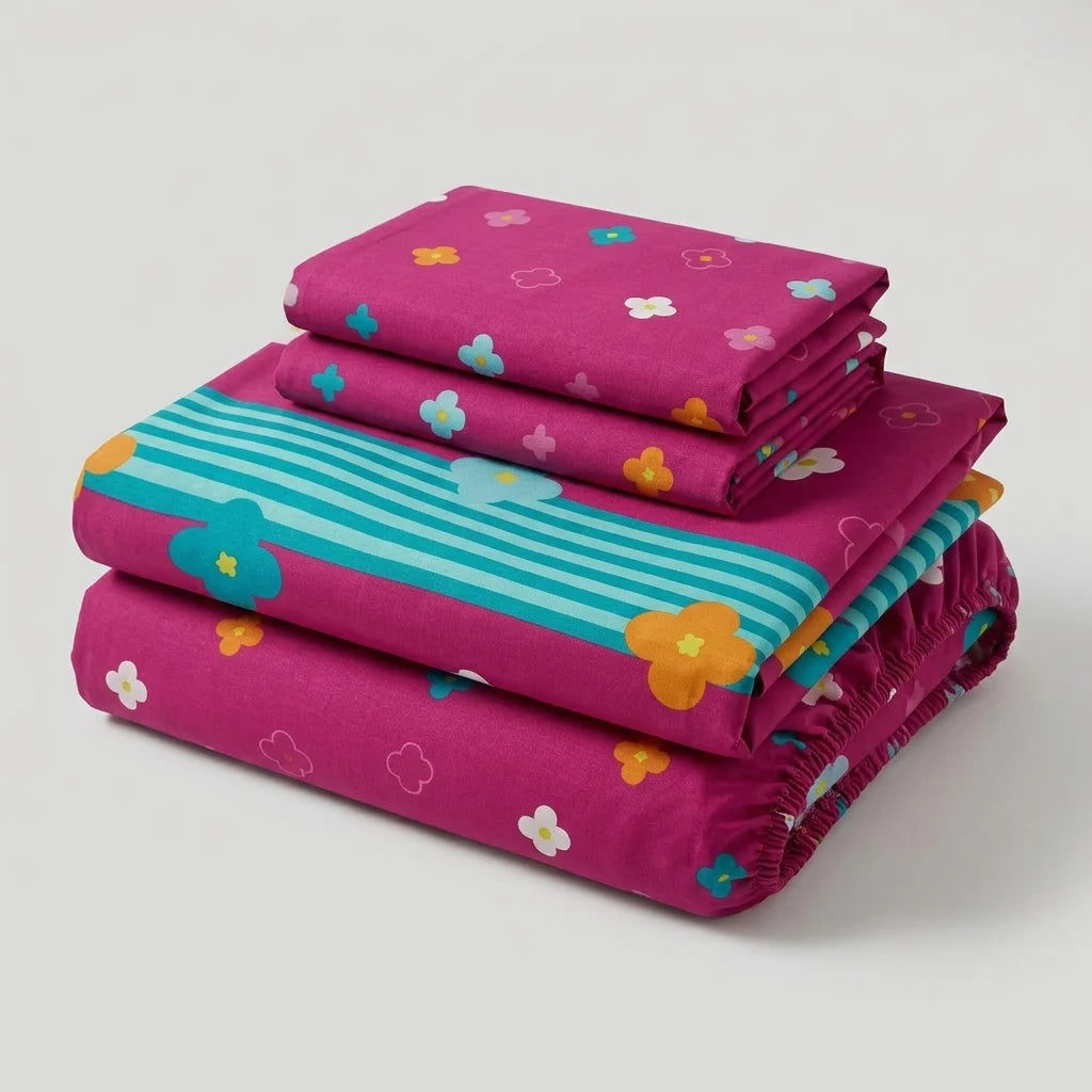 Juego De Sábanas Con Cortinas Fiesta Floral Fucsia