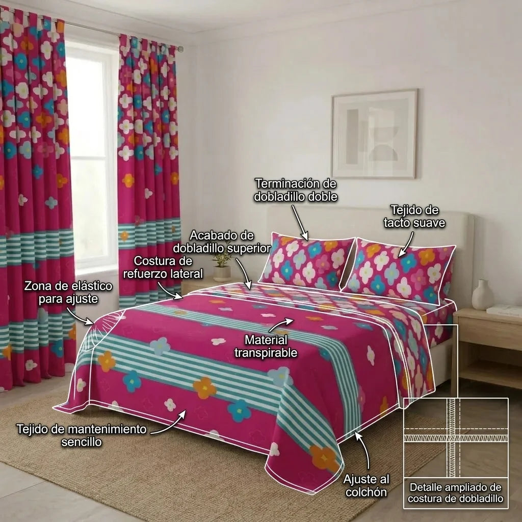 Juego De Sábanas Con Cortinas Fiesta Floral Fucsia