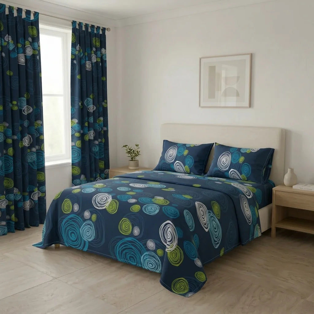 Juego De Sábanas Con Cortinas Ritmo Circular Azul