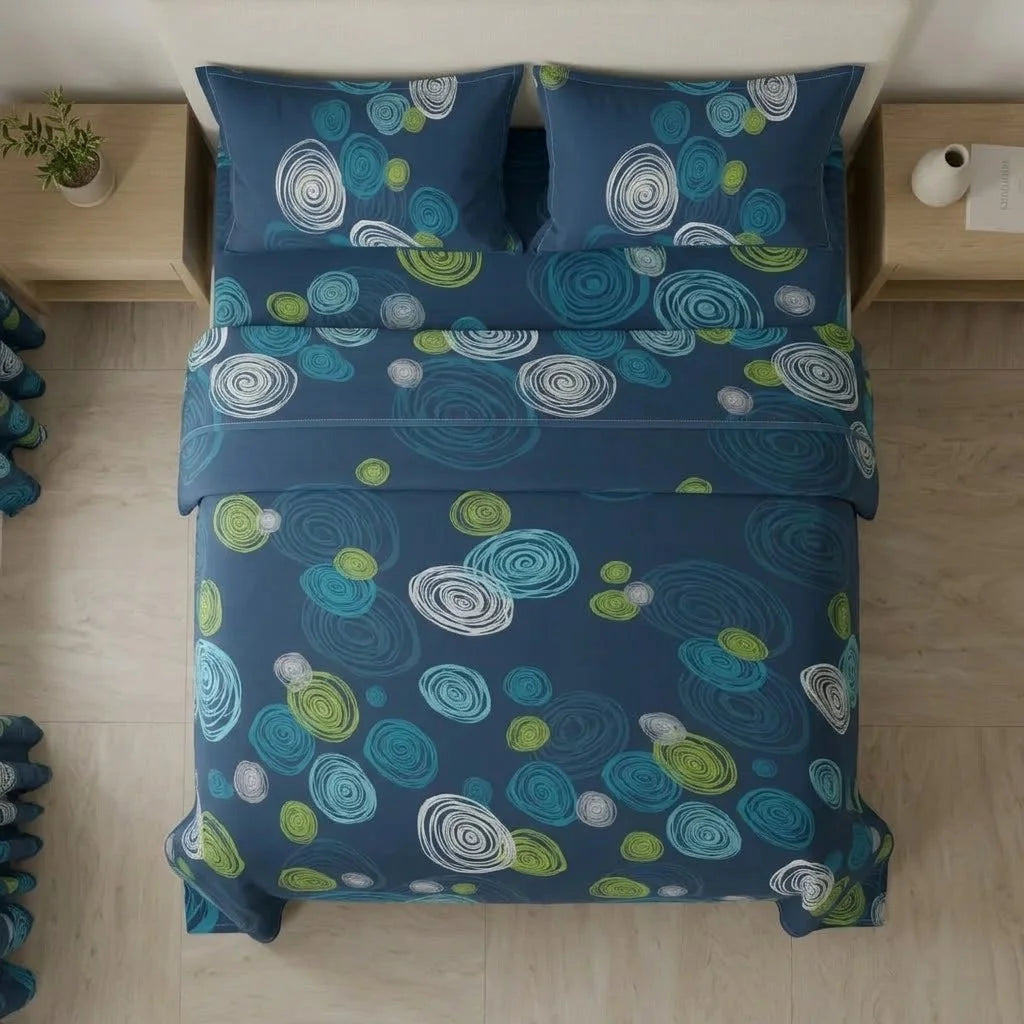 Juego De Sábanas Con Cortinas Ritmo Circular Azul