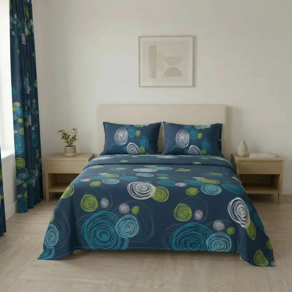Juego De Sábanas Con Cortinas Ritmo Circular Azul