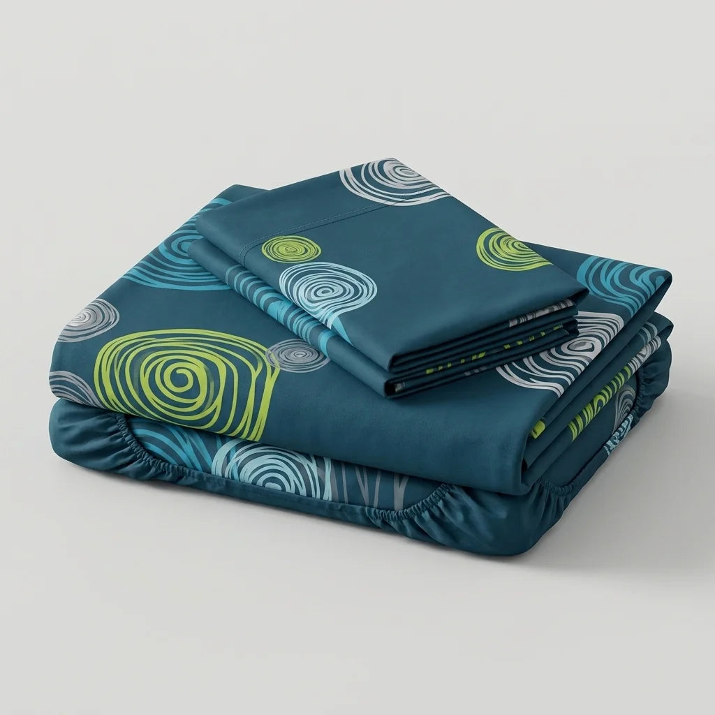 Juego De Sábanas Con Cortinas Ritmo Circular Azul