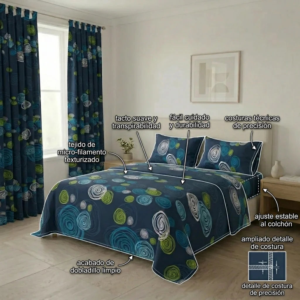 Juego De Sábanas Con Cortinas Ritmo Circular Azul