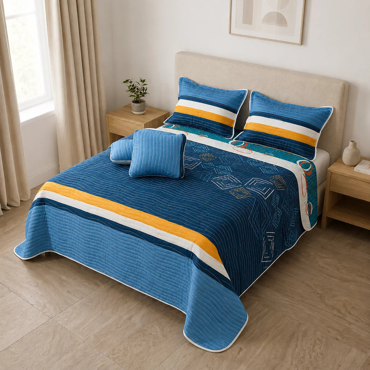 Cubrelecho Estampado Prensado Doble Faz Giro Magnético Azul