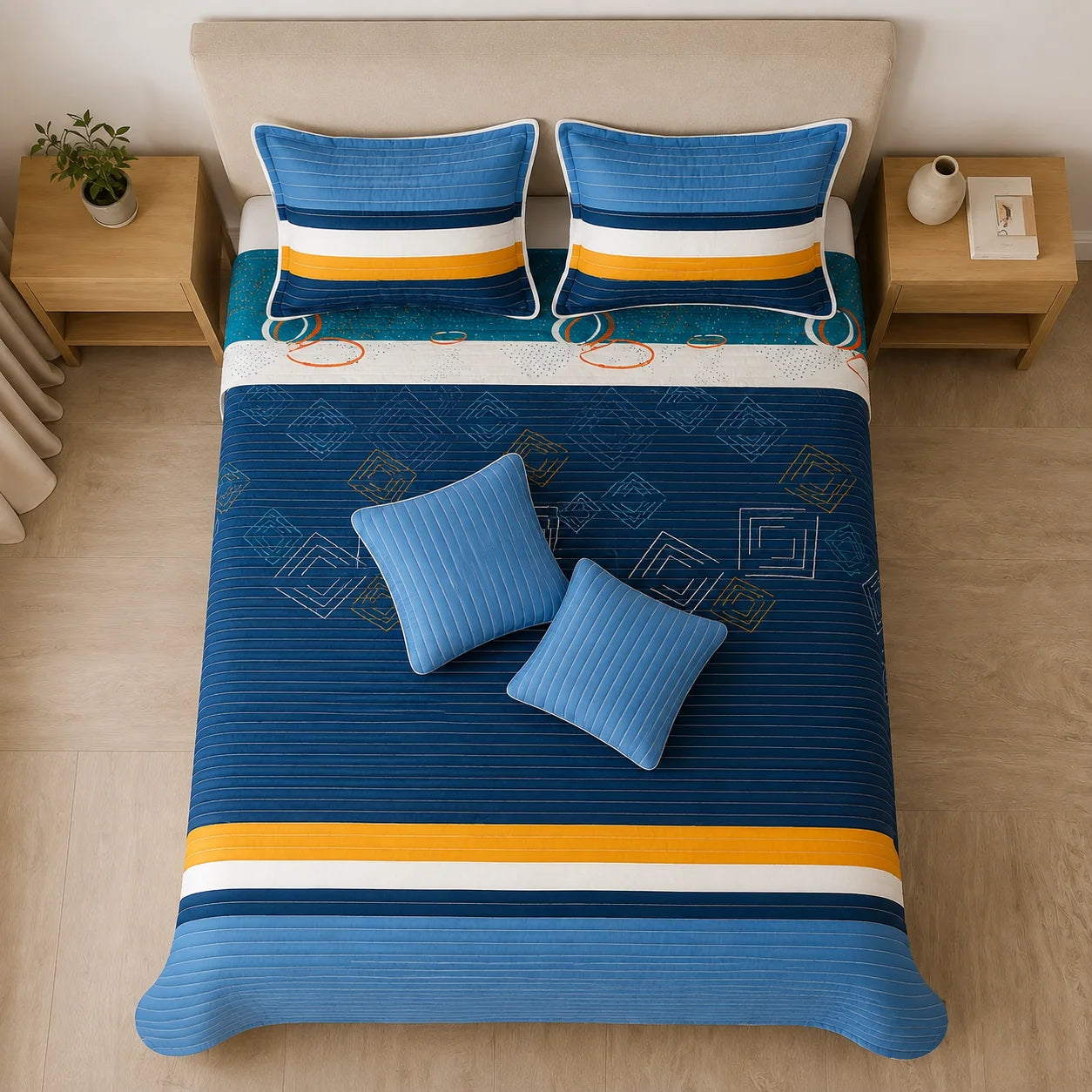 Cubrelecho Estampado Prensado Doble Faz Giro Magnético Azul