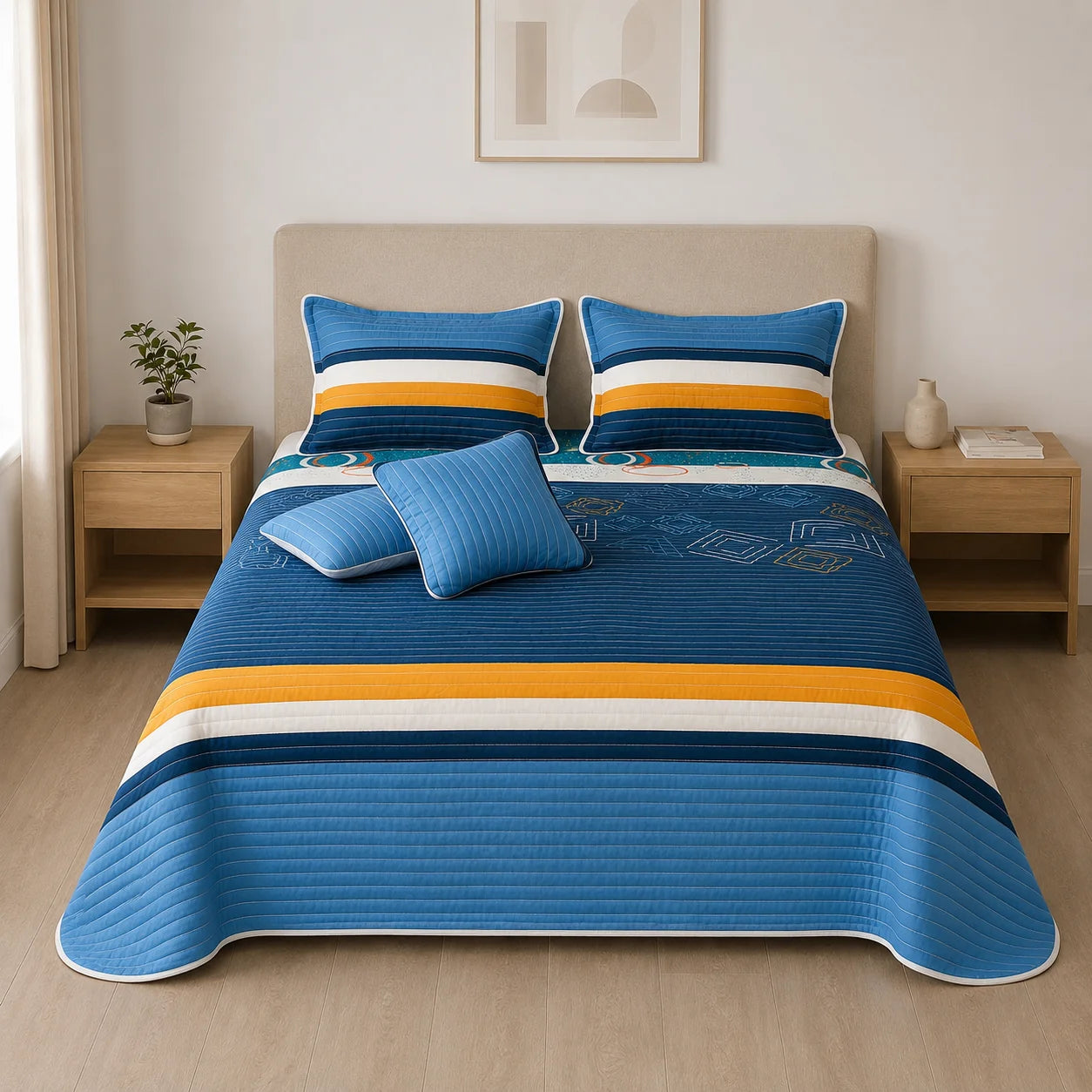 Cubrelecho Estampado Prensado Doble Faz Giro Magnético Azul