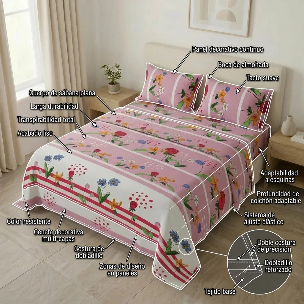 Juego De Sábanas Microfibra Suavizada Alegoría Floral Rosa