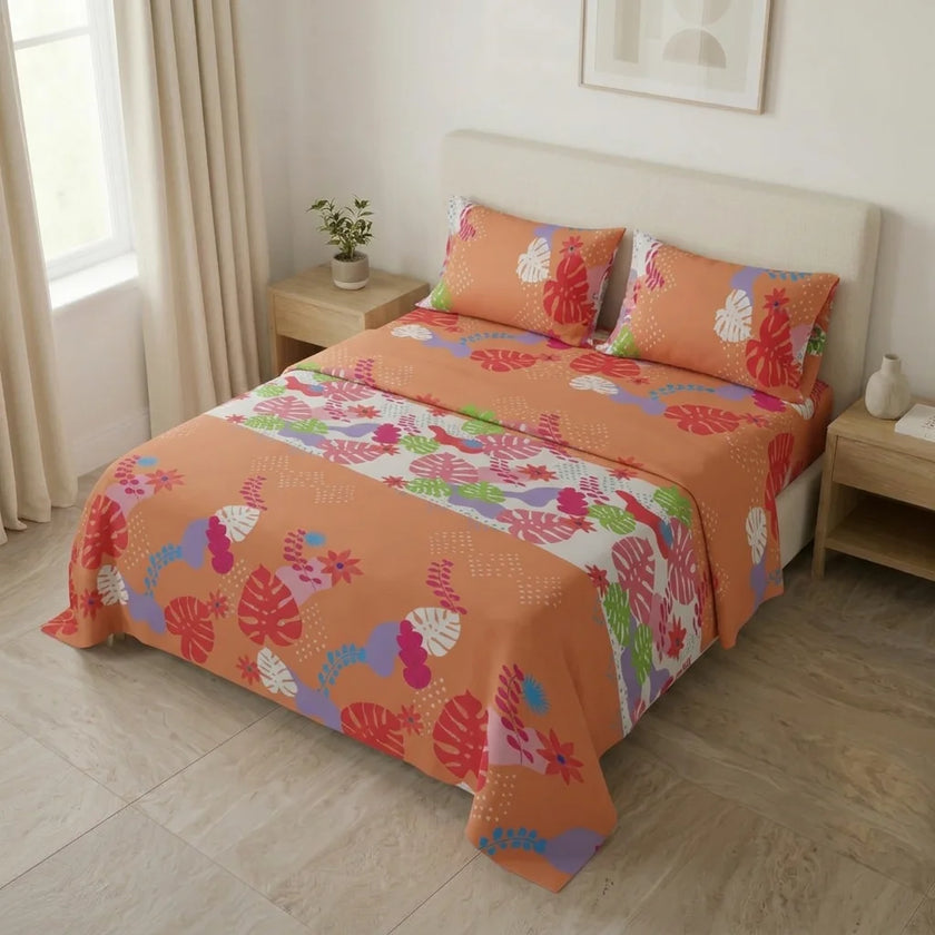 Juego De Sábanas Microfibra Suavizada Estampa Tropical Naranja