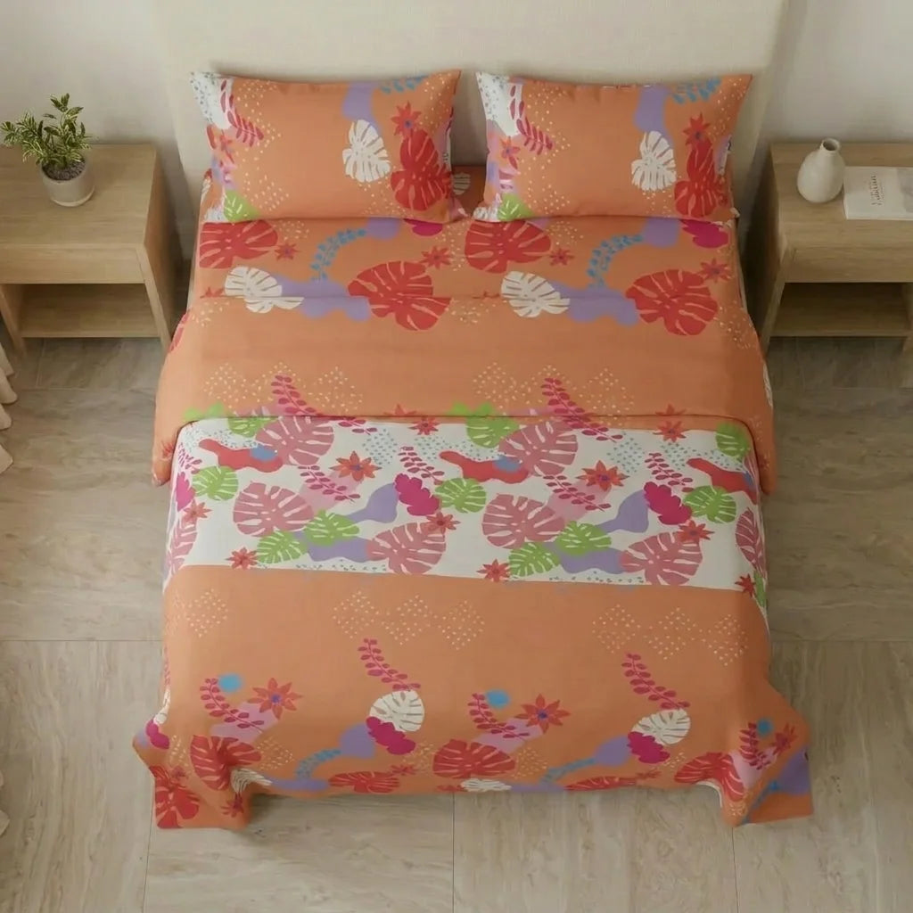Juego De Sábanas Microfibra Suavizada Estampa Tropical Naranja