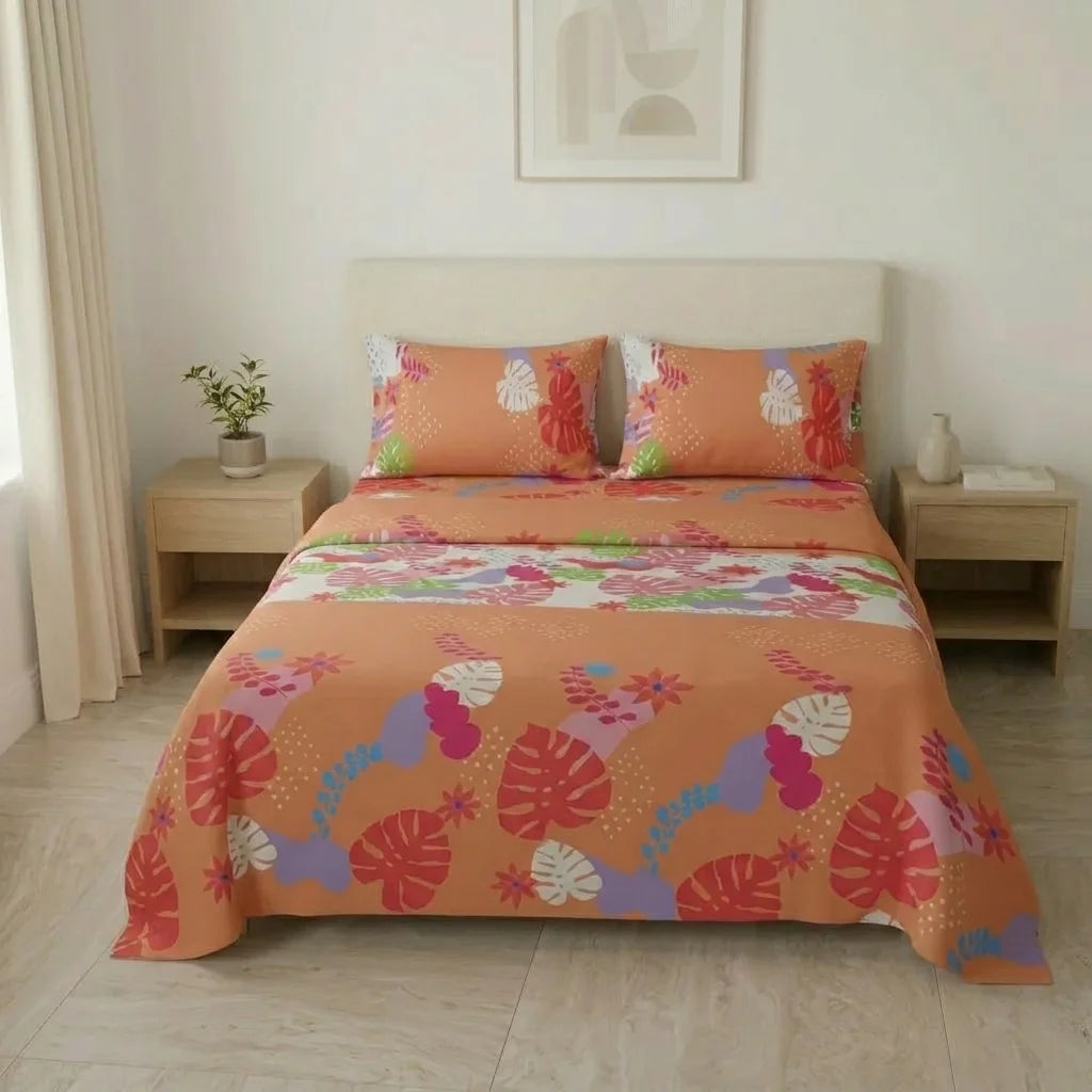 Juego De Sábanas Microfibra Suavizada Estampa Tropical Naranja