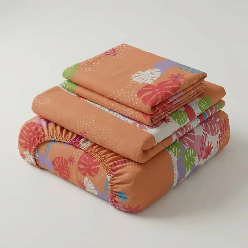 Juego De Sábanas Microfibra Suavizada Estampa Tropical Naranja