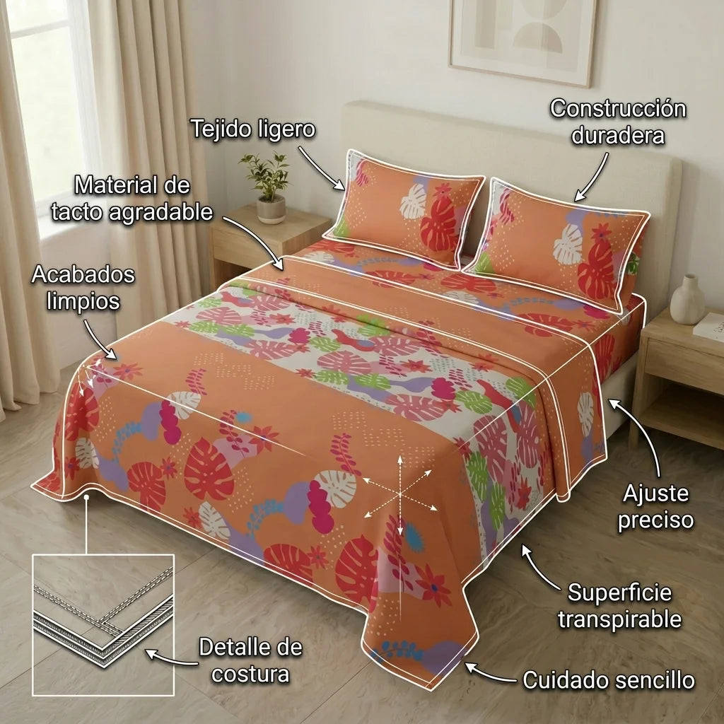 Juego De Sábanas Microfibra Suavizada Estampa Tropical Naranja